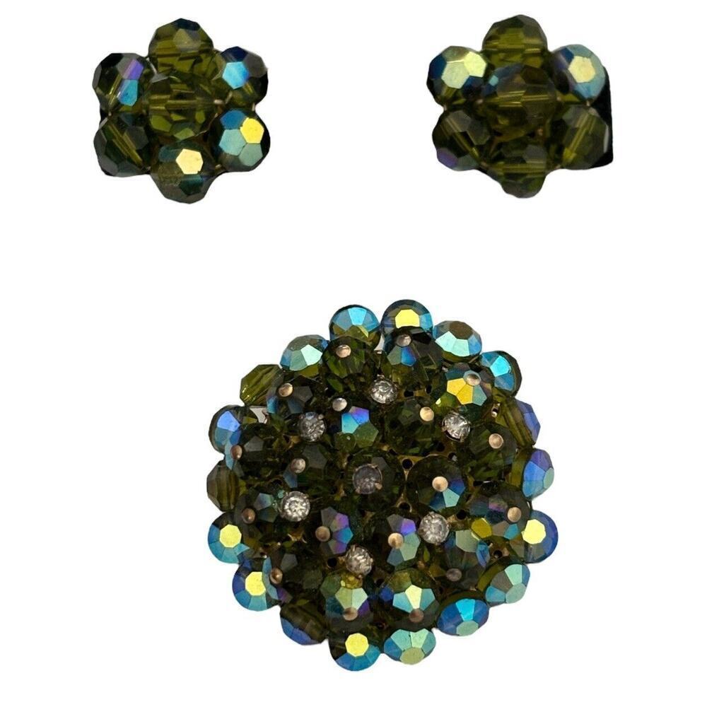 SET Pin Earrings Green Beaded Aurora Borealis MCM AB Mid Century Brooch cluster